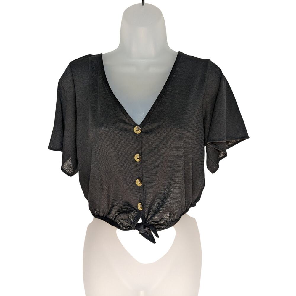 H&M Divided Black Crop Front Tie Short Sleeve Button Shirt Size Medium